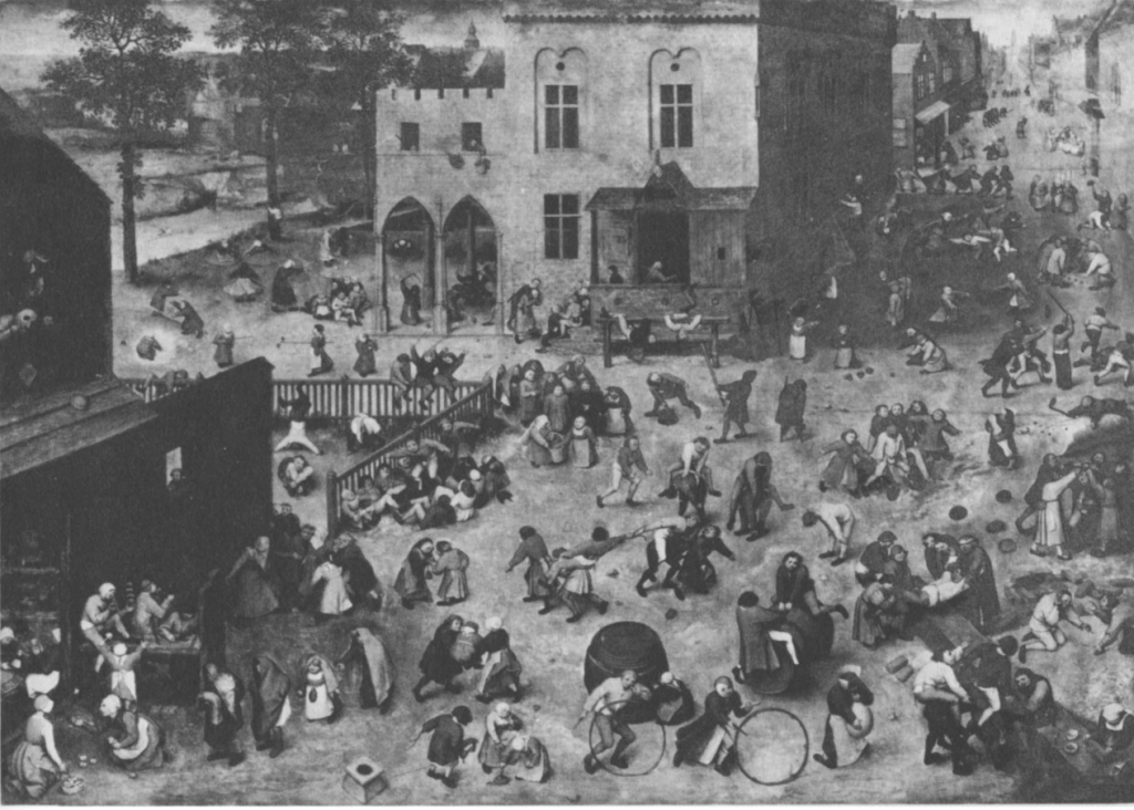 You are looking at a black and white reproduction of a Bruegel painting that is crowded with people. 