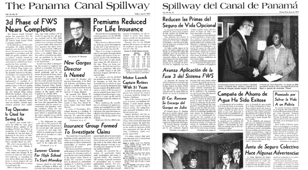 Front pages of newspapers Canal Spillway and Spillway del Canal de Panamá.