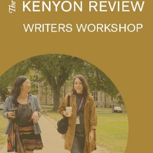 Text: The Kenyon Review Writers Workshop Photo: Two people walking down Kenyon College's Middle Path, talking and smiling